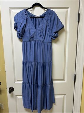Umgee Dusty Blue Tiered V-Neck Midi Dress